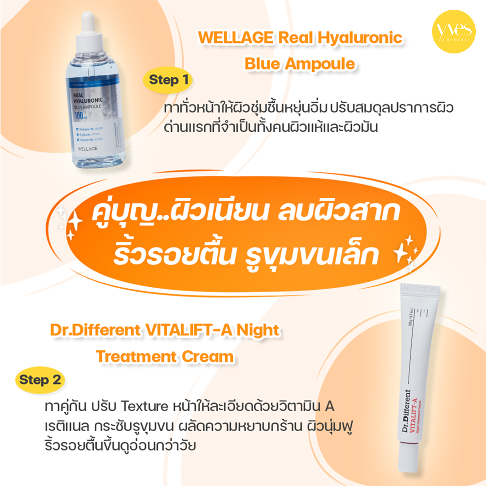 ใช้คู่กันผิวเนียน รูขุมขนเล็ก WELLAGE Hyaluronic Blue Ampoule และ Dr.Different VITALIFT-A Night Cream